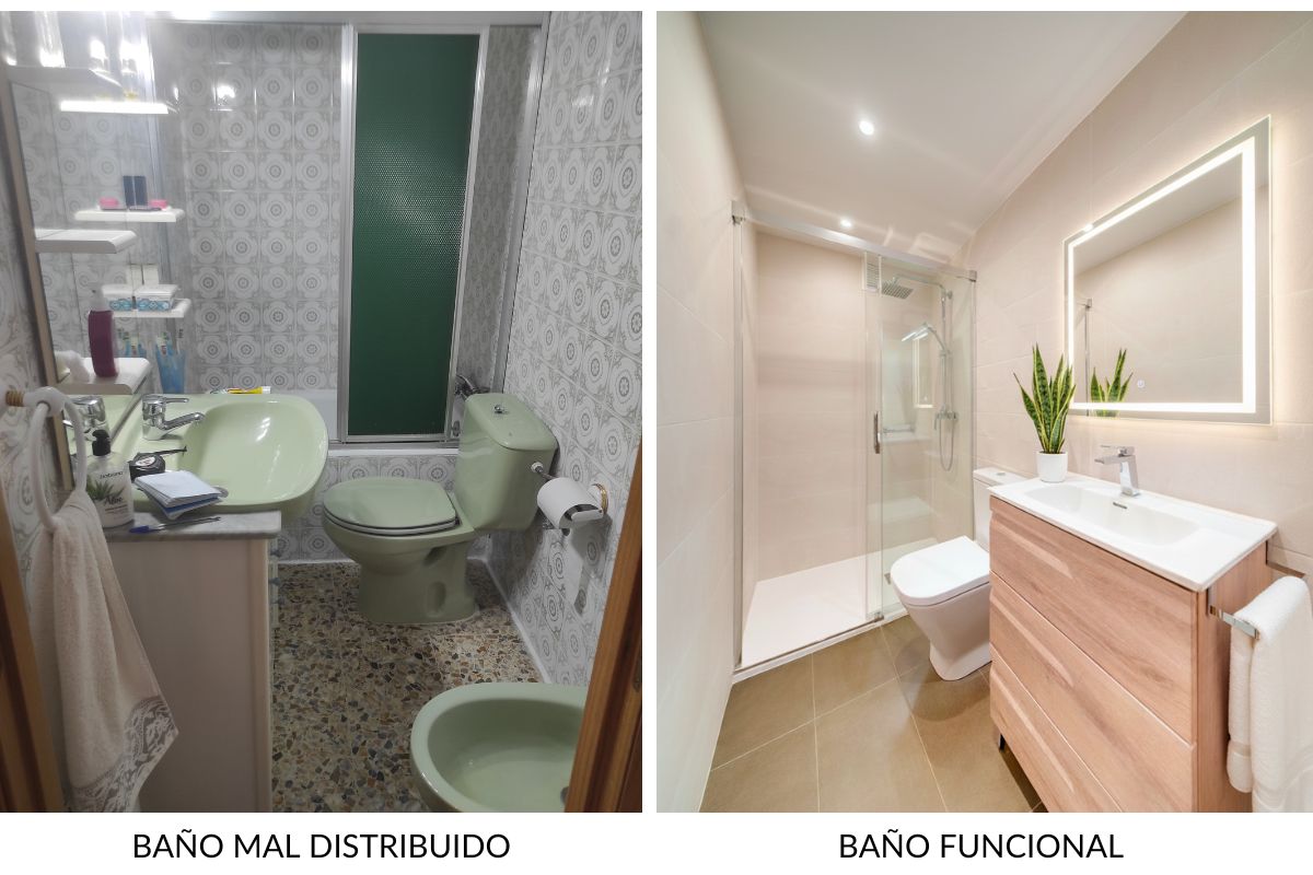 Comparativa de baño mal distribuido y baño funcional tras reforma integral en Zaragoza.