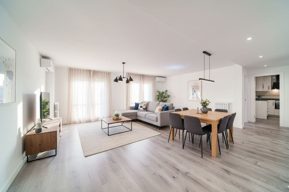 Salón reformado con espacio abierto en Zaragoza